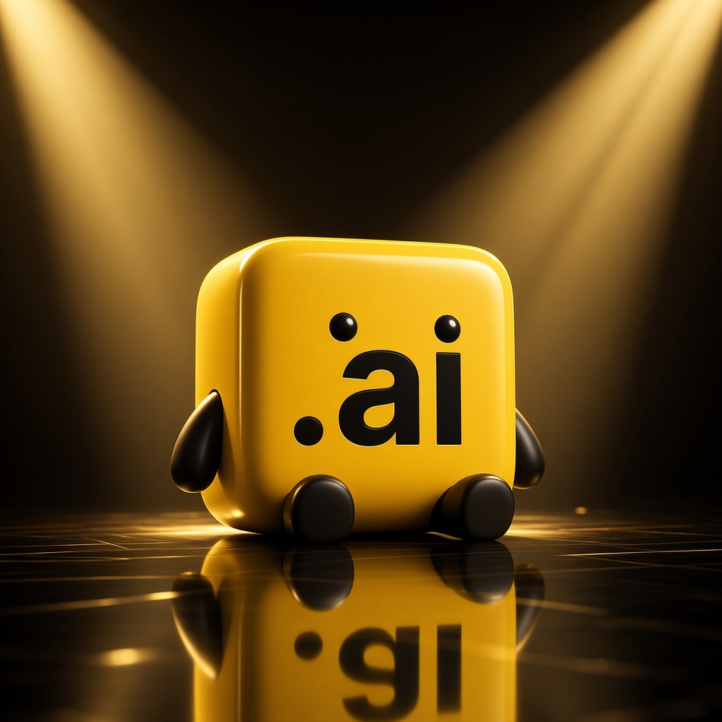 Yellow .ai cube sitting on a glossy floor under two gold spotlights